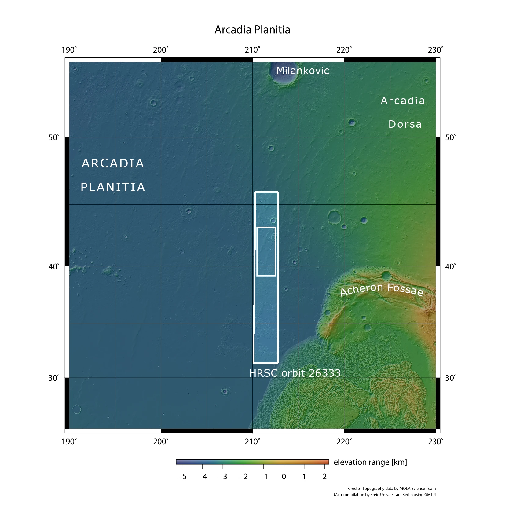 Topographic map of Arcadia Planitia showing its location in the northern hemisphere of Mars.