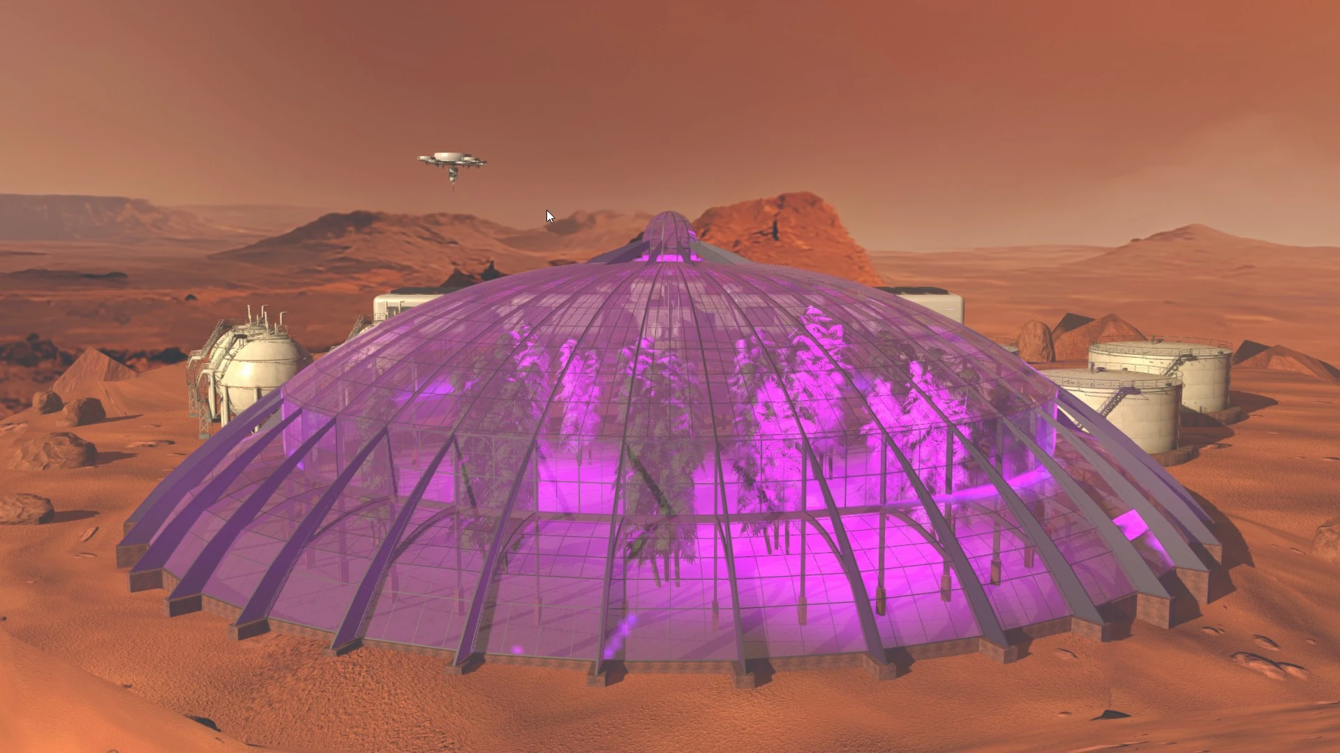 Protective dome structure covering a modular biological research area with internal service corridor and flexible central zone.