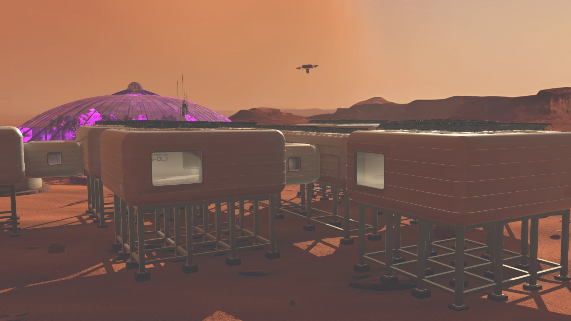 Side view showing the facility elevated on structural supports above the Martian surface.