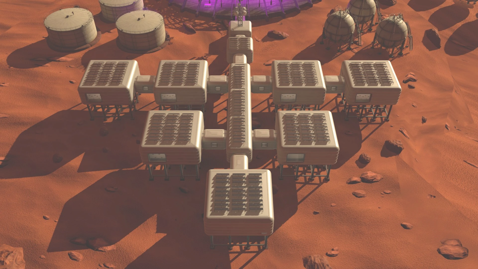 Overview of the primary operational areas of the Martian Micro Research Facility, showing the seven core rooms connected by a central corridor.