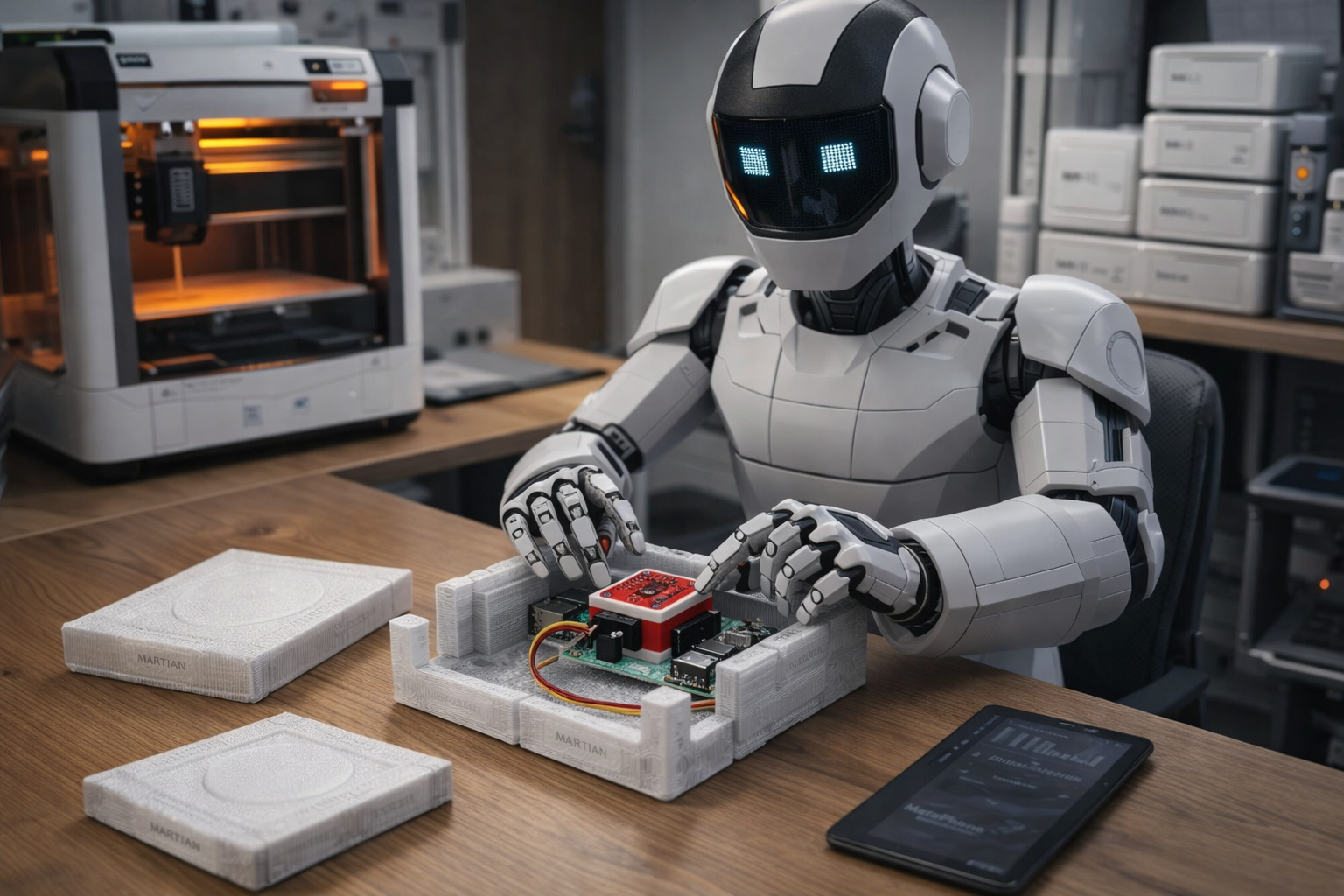 Humanoid android assembling a modular electronic device at a fabrication workstation using precise, zero-waste engineering principles.