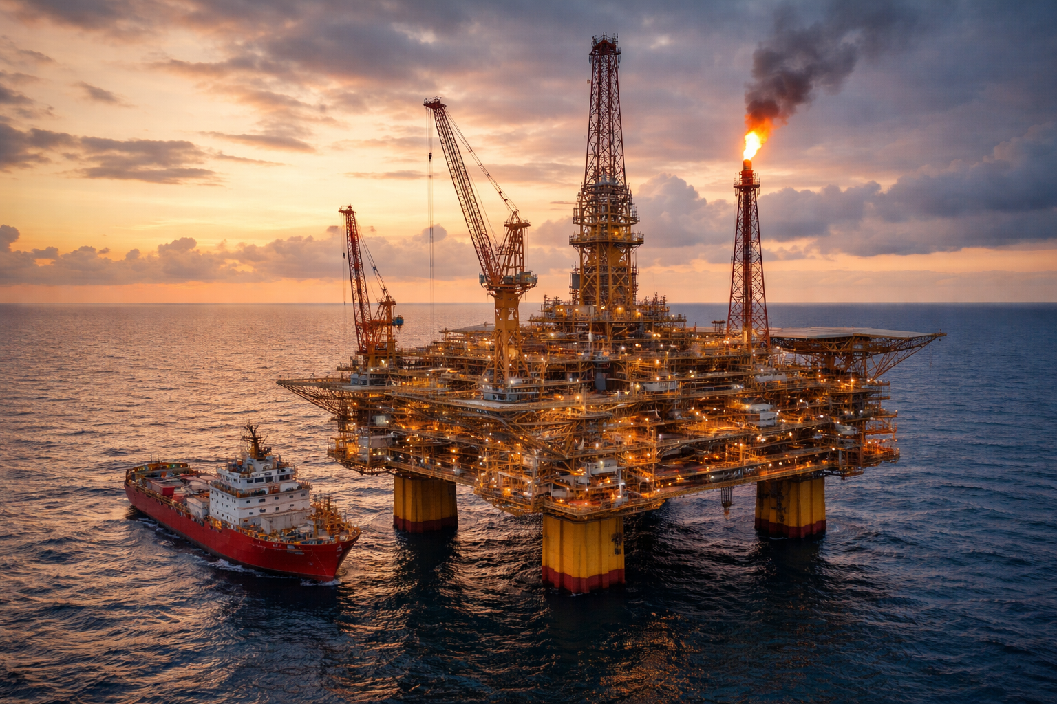 Industrial offshore drilling platform operating in a constrained, resource-critical environment with modular infrastructure and continuous technical processes.