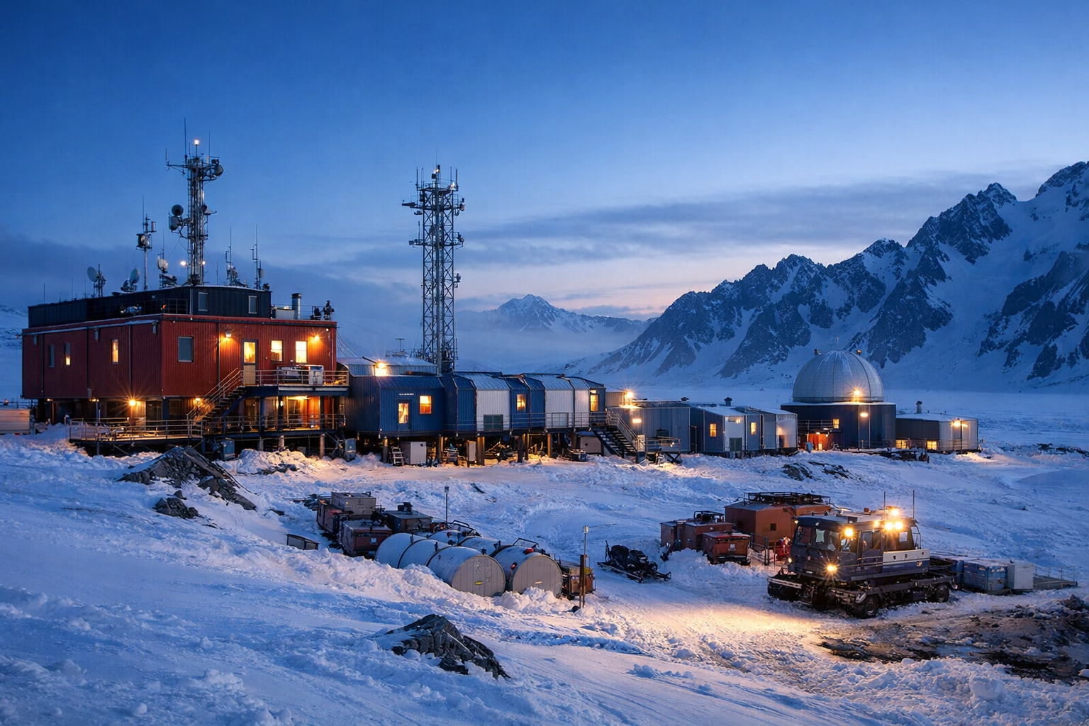 Remote polar research station designed for autonomous operation under extreme environmental conditions with minimal resource waste and high system reliability.
