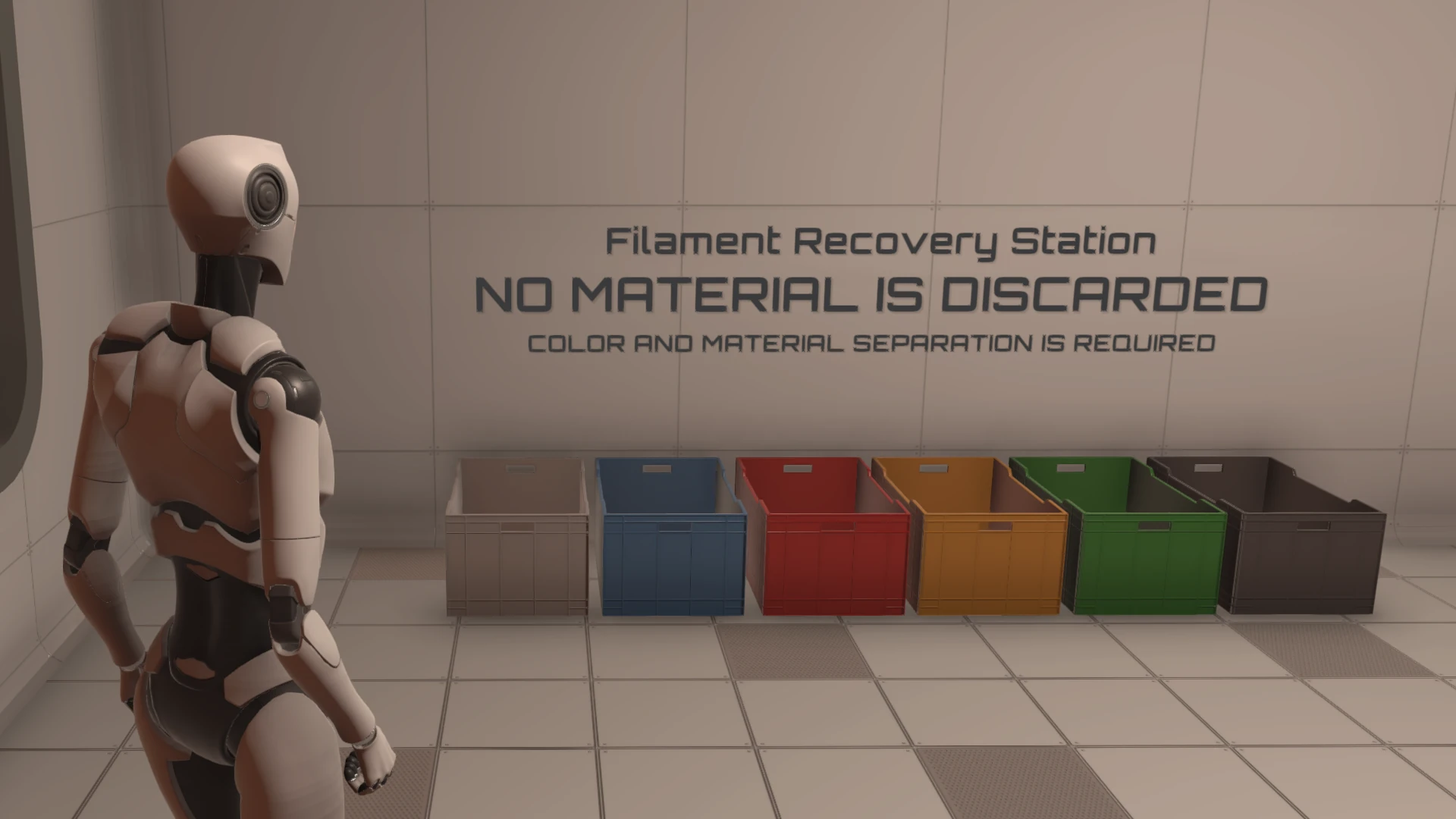 Minimal industrial environment emphasizing reuse and absence of disposable elements.